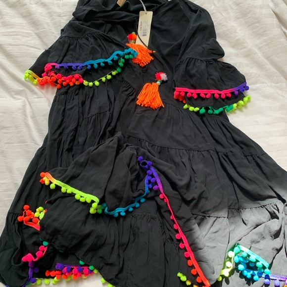 Neon PomPom Trim Black Swing Dress - Picture 5 of 10